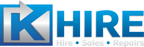 Logo featuring a large blue and silver "K" with an arrow embedded in a square. To the right, the text reads "HIRE" in large blue letters with smaller gray text below: "Hire • Sales • Repairs".