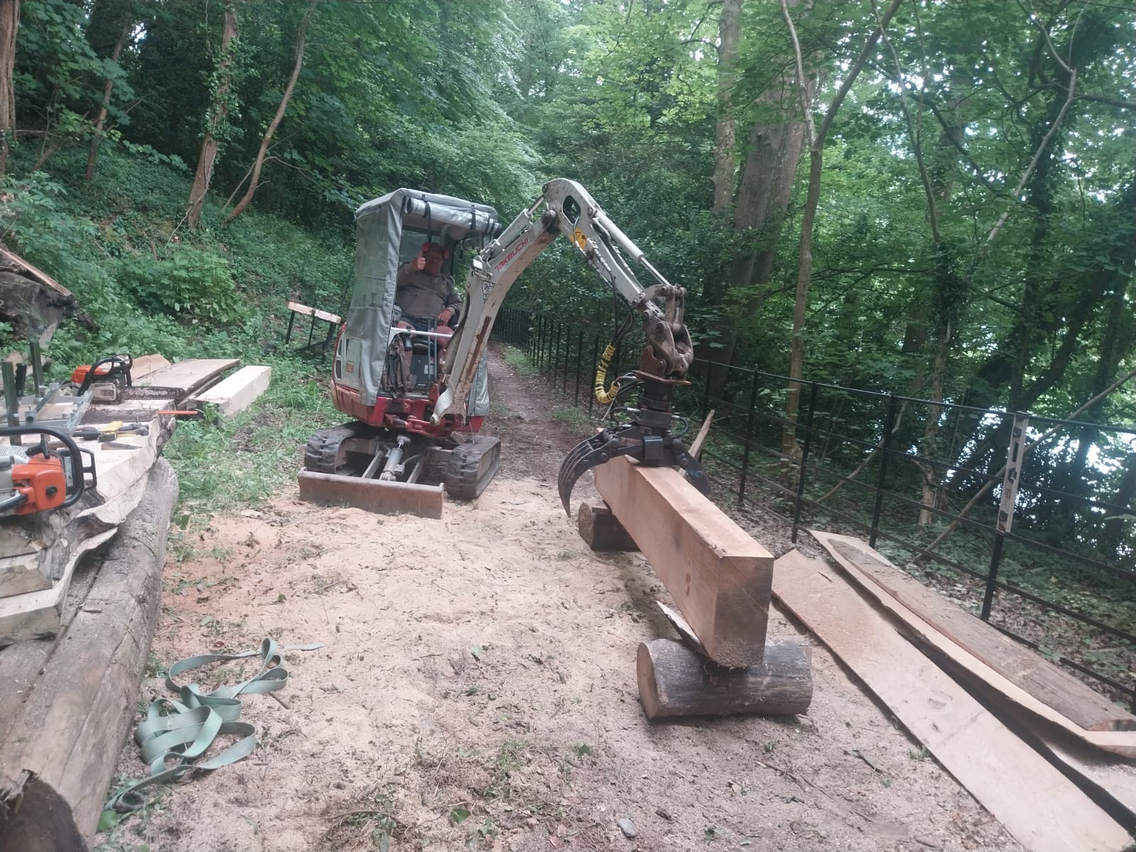 A small excavator with a claw attachment is moving a large wooden log on a forest path. Surrounding the excavator are planks and woodworking tools, including a chainsaw. The path is lined with trees and a metal railing.