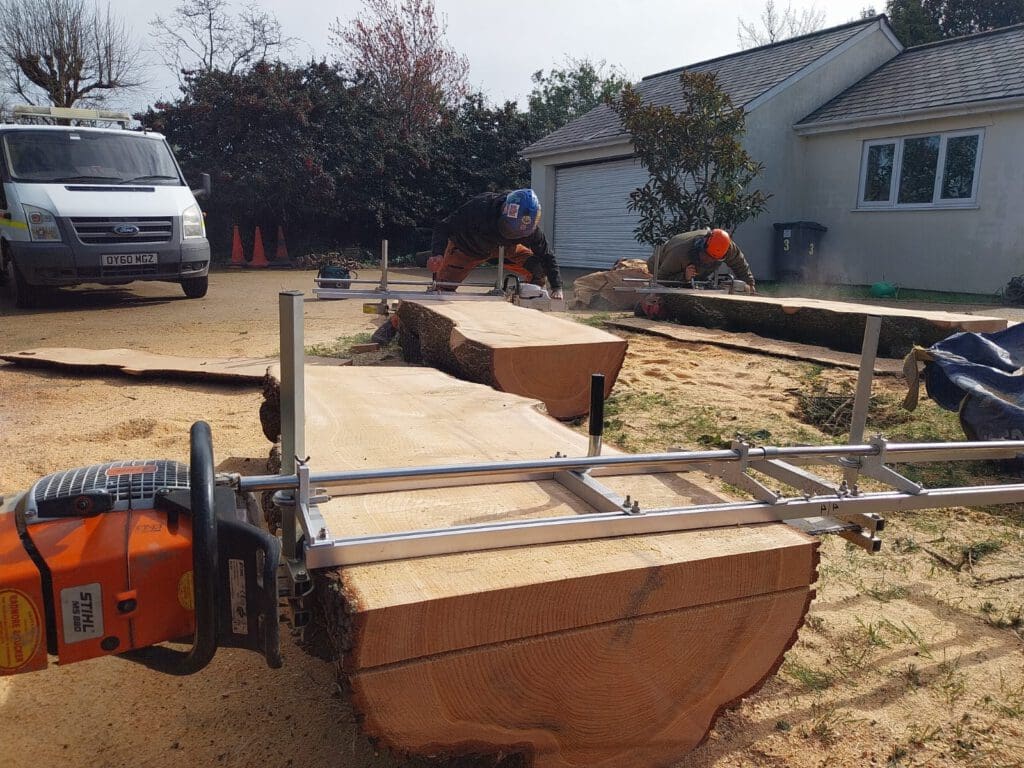 Two workers using chainsaws and a milling guide to cut large wooden logs in a driveway. A white van and a house with a garage are in the background. The scene is outdoors with sawdust on the ground.